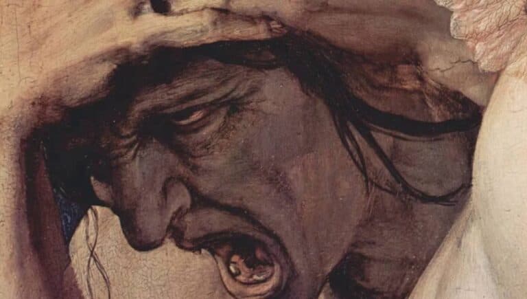 Detalhe de pintura mostrando rosto com expressão intensa de sofrimento e cabelos longos.